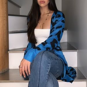 Missguided long blue/black cheetah print cardigan